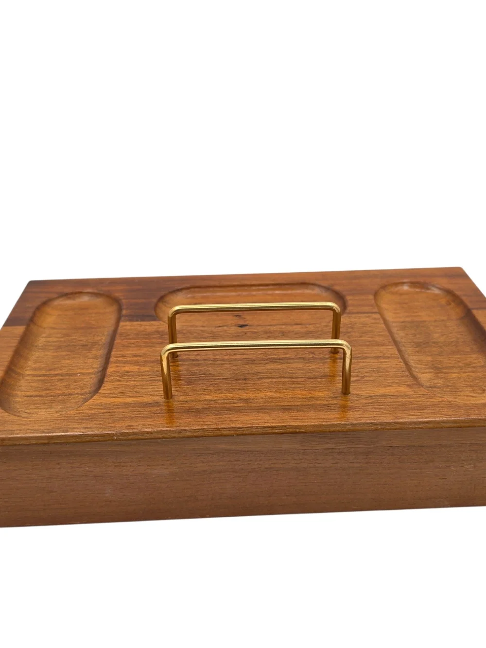 Vintage Wooden Jewelry Tray Mens  Valet with Red Velvet Interior and Gold Handle